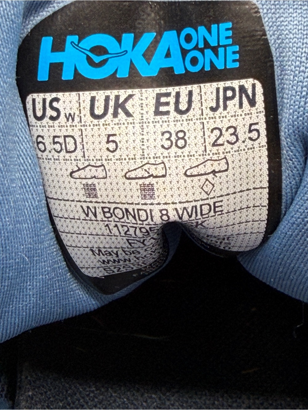 Hoka Women's Bondi 8 Shadow/Dusk blue colorway with pink and lime green details. - Picture 8 of 9